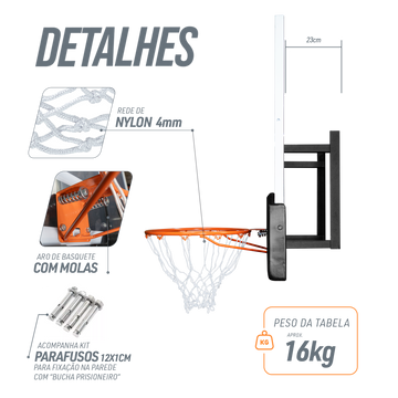 Tabela de basquete de parede quadro transparente de 120x80cm com aro e rede Velden