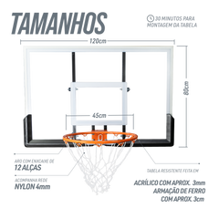 Tabela de basquete de parede quadro transparente de 120x80cm com aro e rede Velden