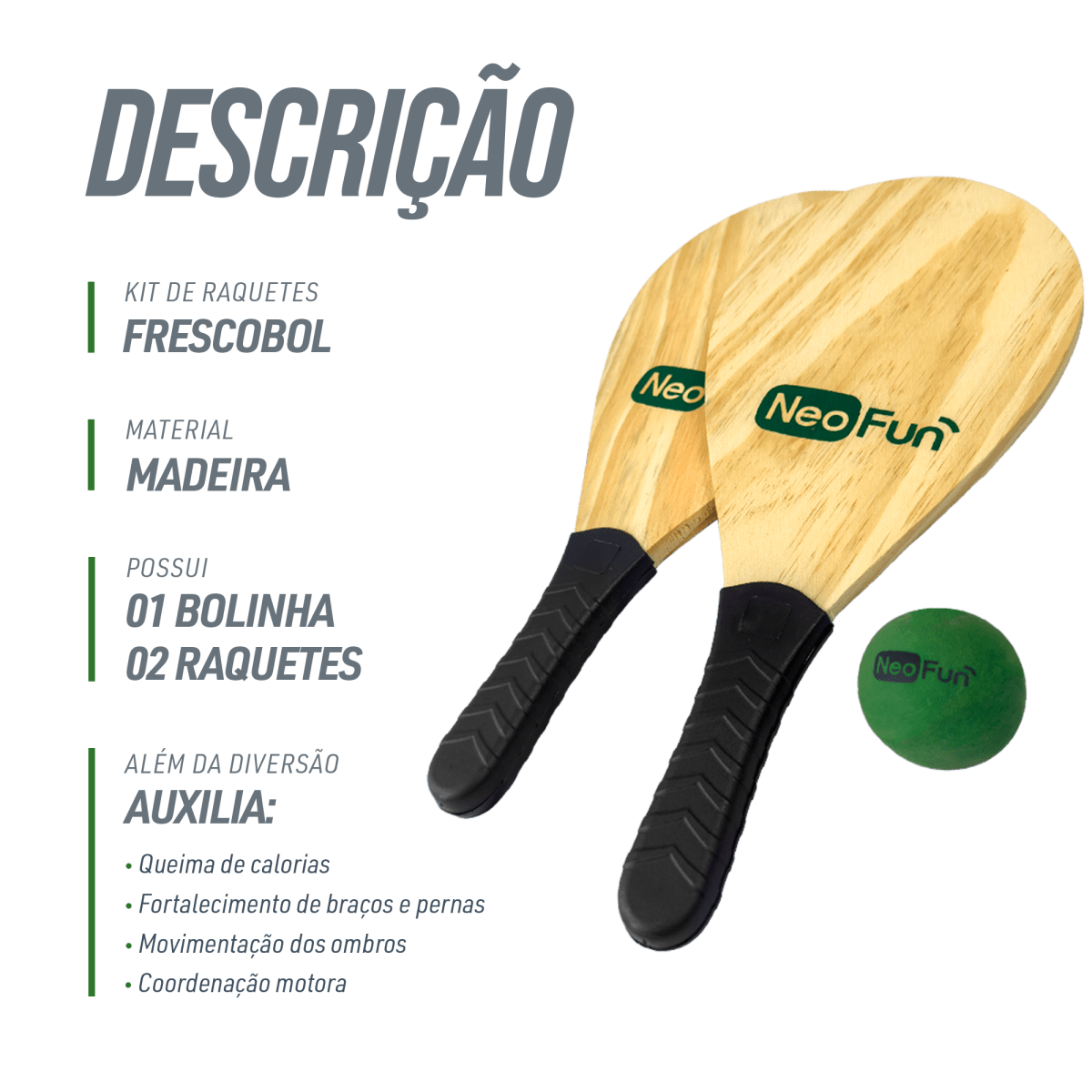 Raquete de Frescobol de Madeira com Bolinha NeoFun