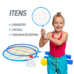 Kit de badminton infantil com 02 raquetes de aço, 01 volante e 01 bola de espuma Loire