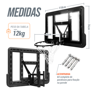 Tabela de basquete de parede quadro transparente de 110x74cm com aro e rede Pista e Campo