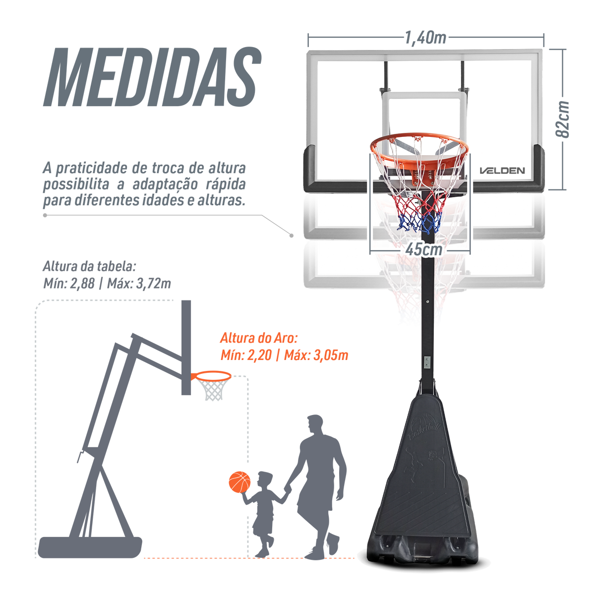 Tabela de basquete adulto móvel com poste, tabela e aro modelo top Velden