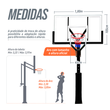 Poste fixo com tabela transparente, aro e rede de basquete oficial adulto premium Velden