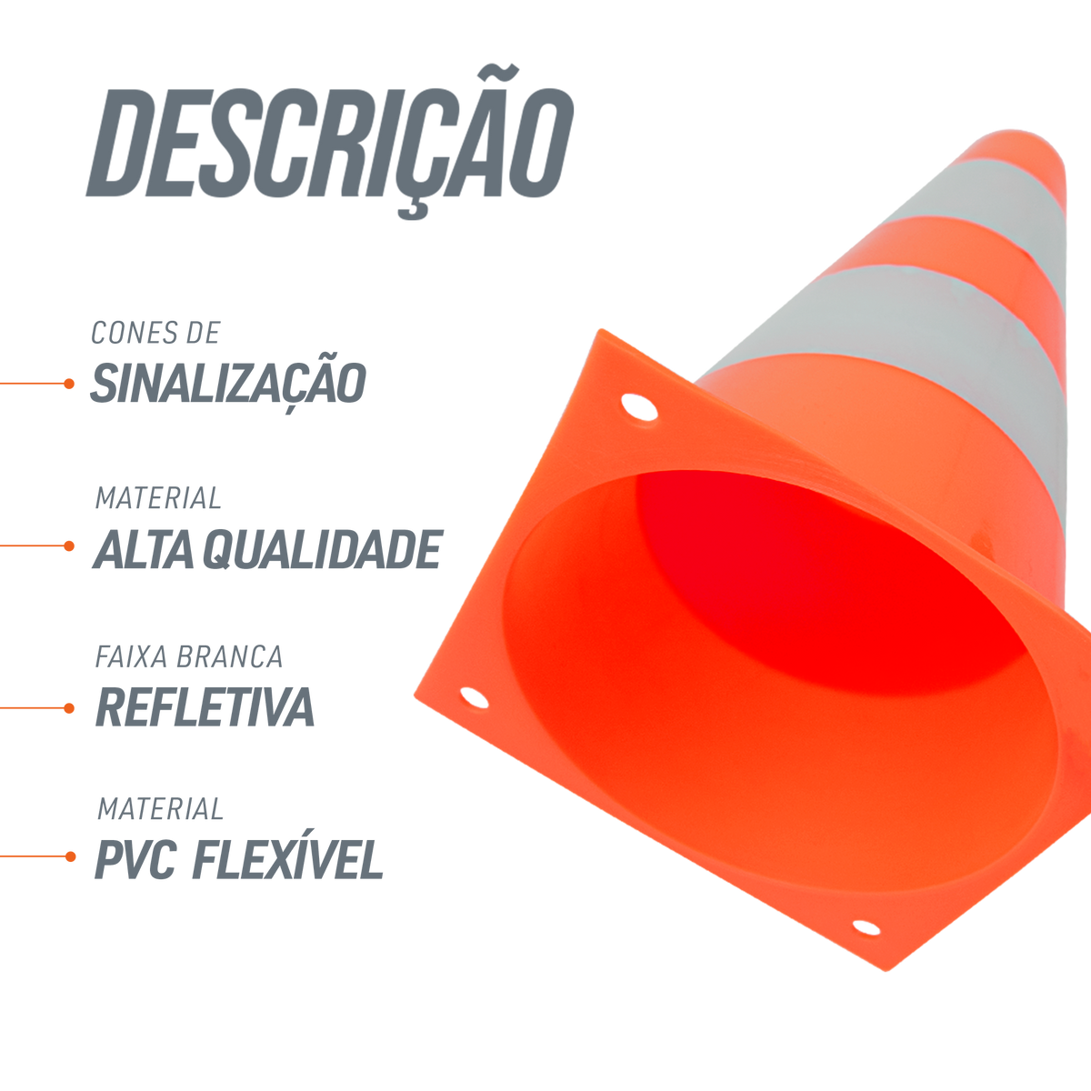Cone de sinalização de plástico 23cm de altura laranja com faixas brancas refletivas Pista e Campo