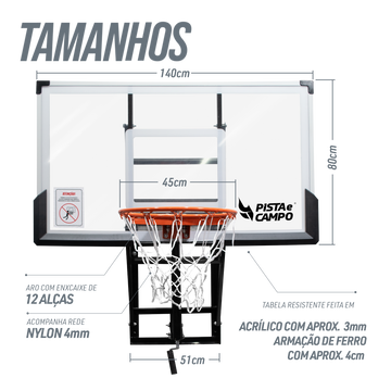 Tabela de basquete adulto de parede modelo Fly ajustável Pista e Campo