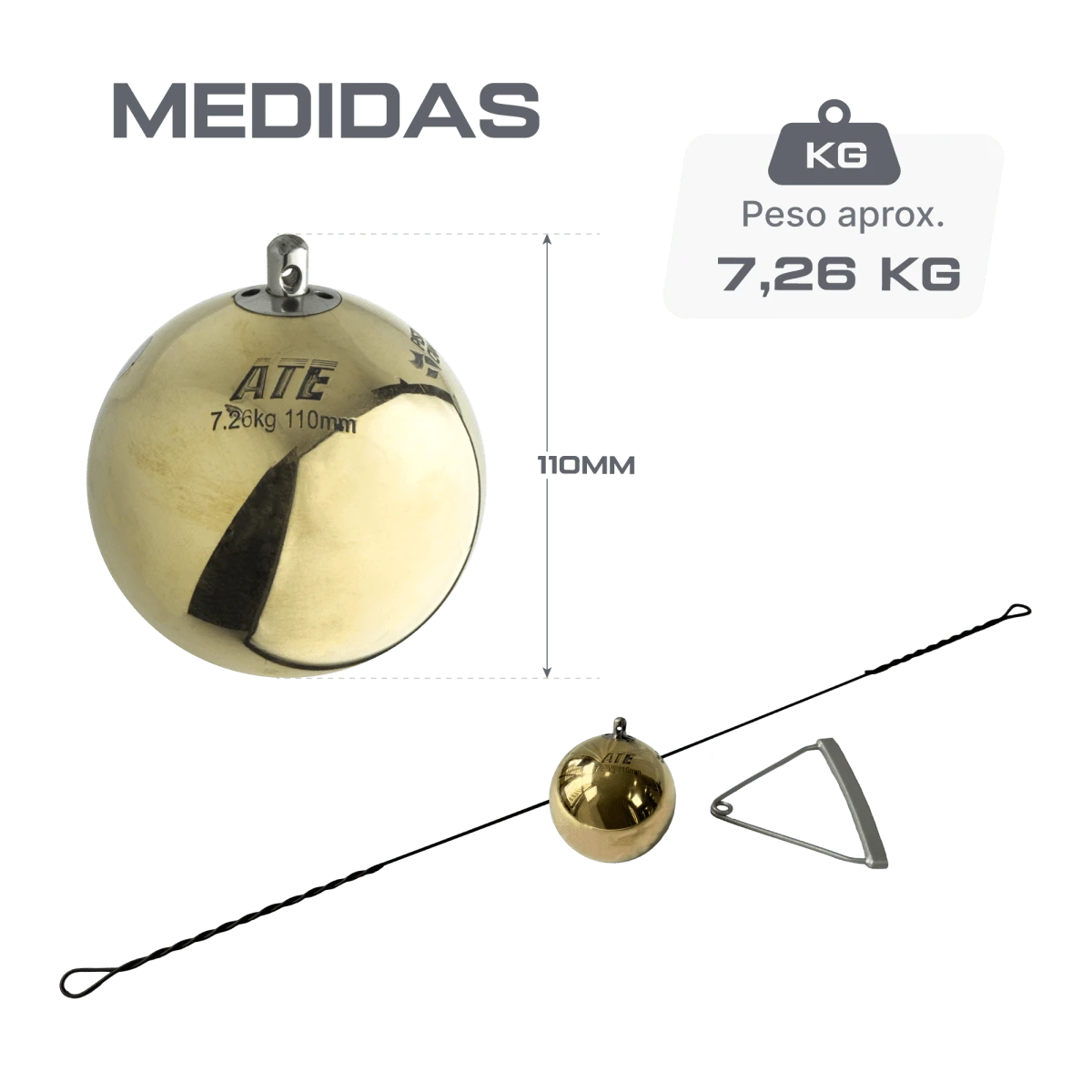 Martelo de bronze 7,26kg 110mm avançado ATE Anand Certificado WA-IAAF - com cabo e empunhadura
