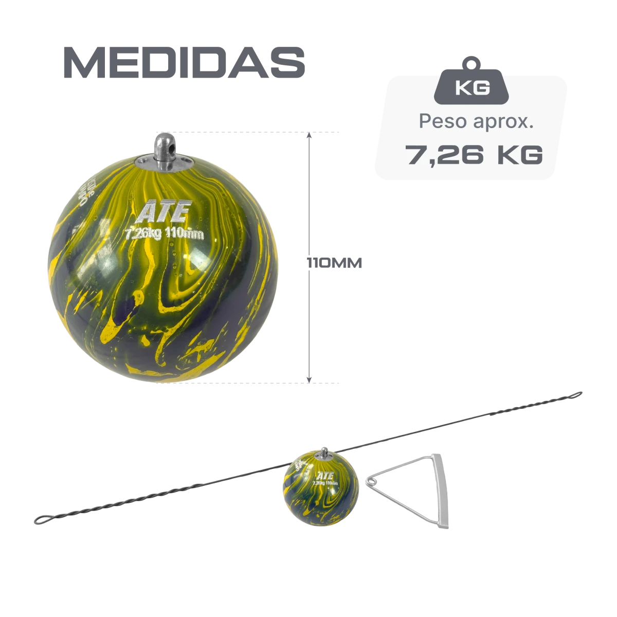 Martelo de atletismo de aço 7,26Kg 110mm ATE Pintura Especial Brasil WA-IAAF - com cabo e empunhadura