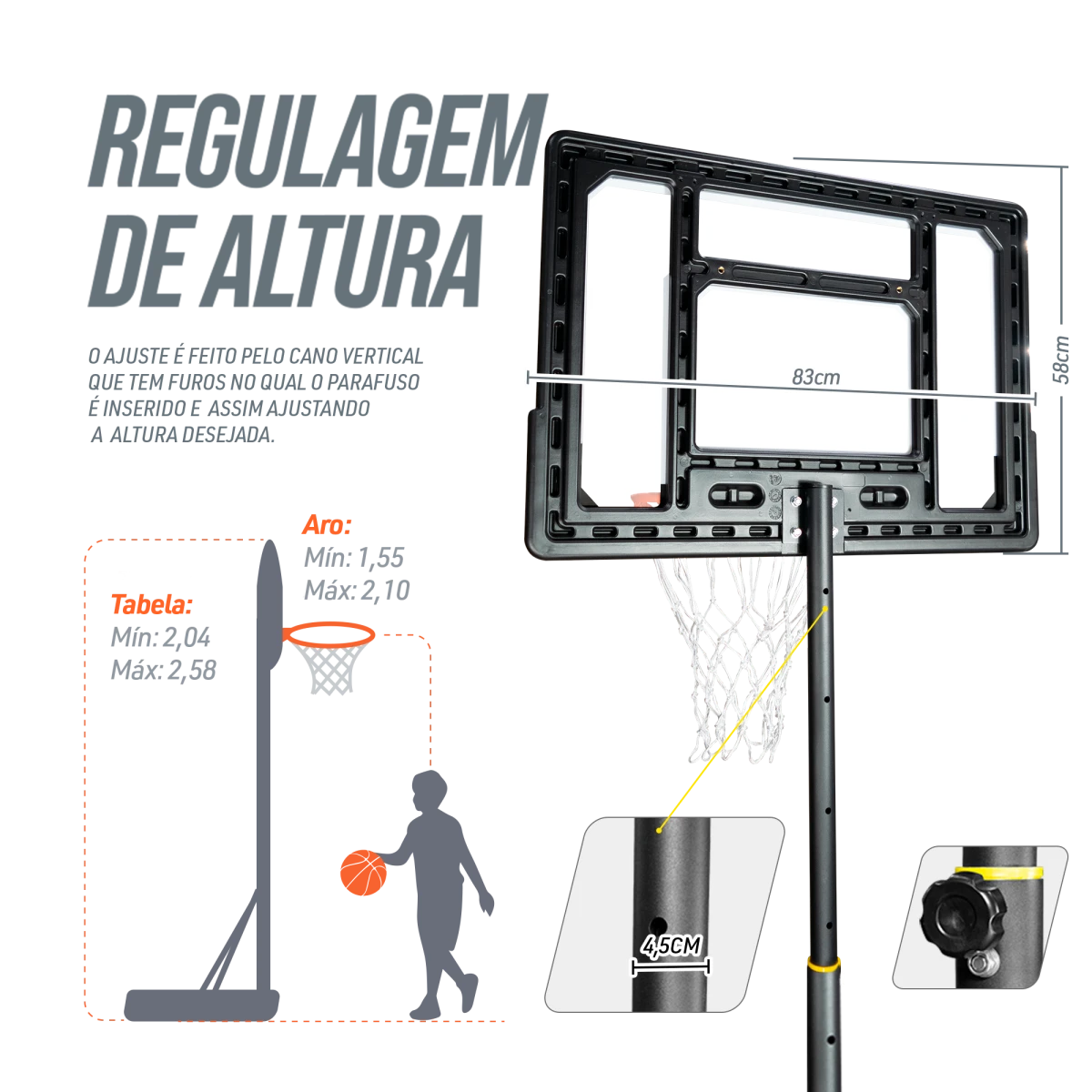 Tabela de basquete infantil juvenil móvel com poste, quadro de policarbonato e aro Velden