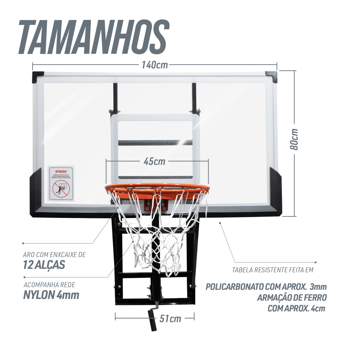 Tabela de Basquete de Parede Ajustável Aro 45cm Oficial Velden