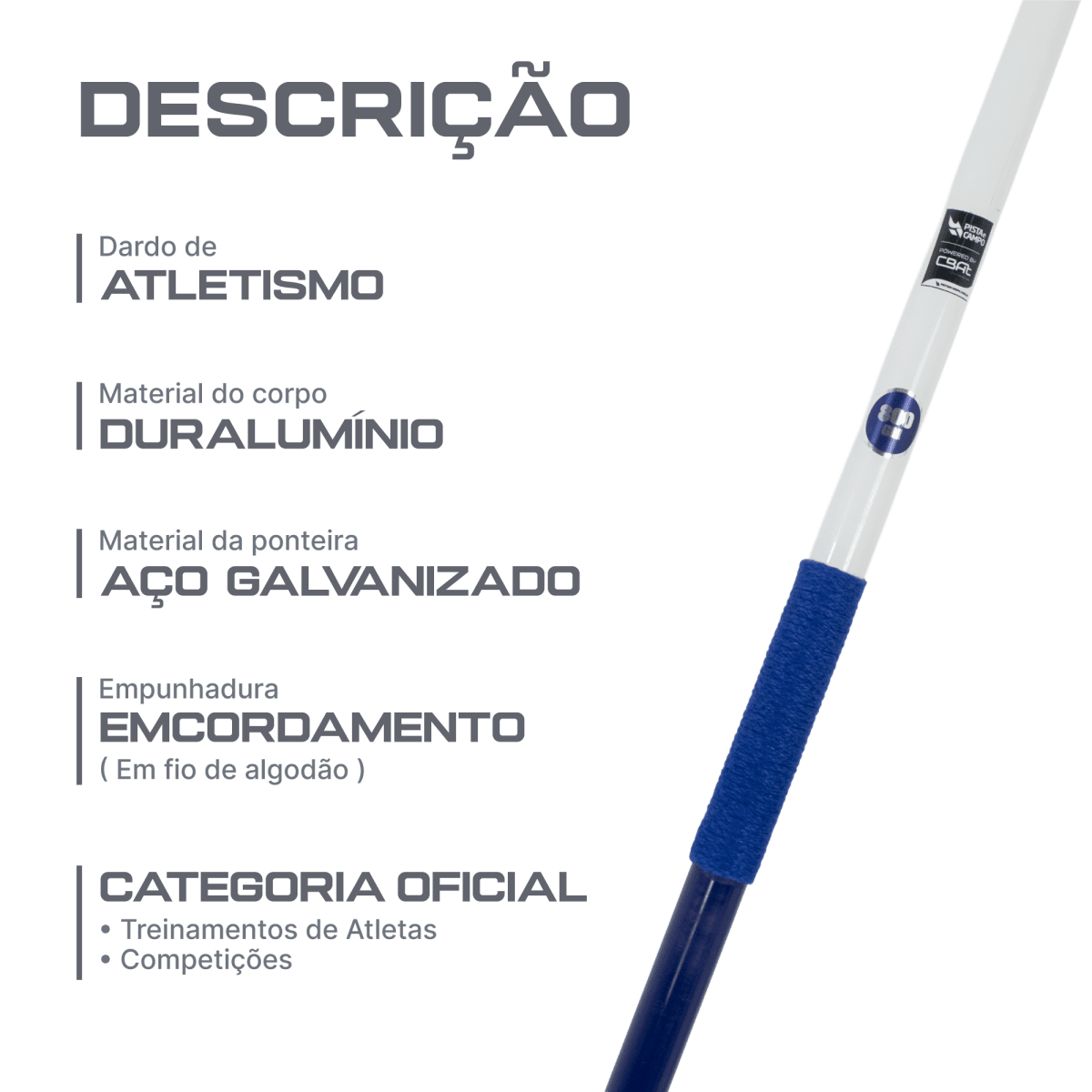 Dardo de atletismo de alumínio e aço 800g iniciante Pista e Campo - Powered by CBAt (JAL-C800)