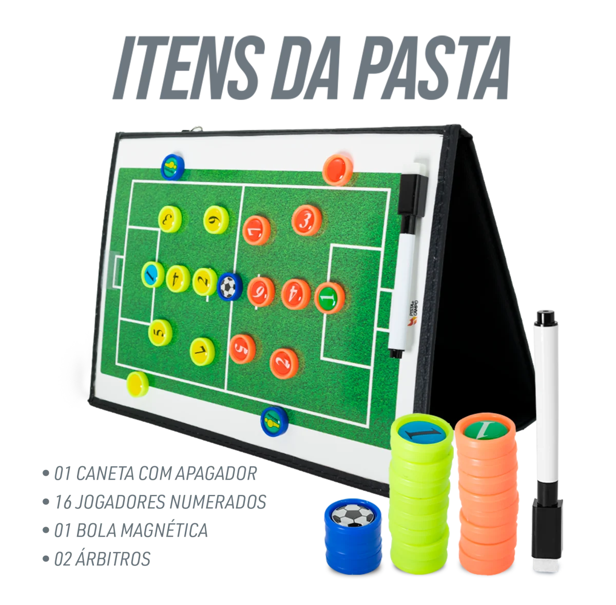 Prancheta tática magnética com caneta para treinamento de futebol society Pista e Campo - Modelo pasta preta