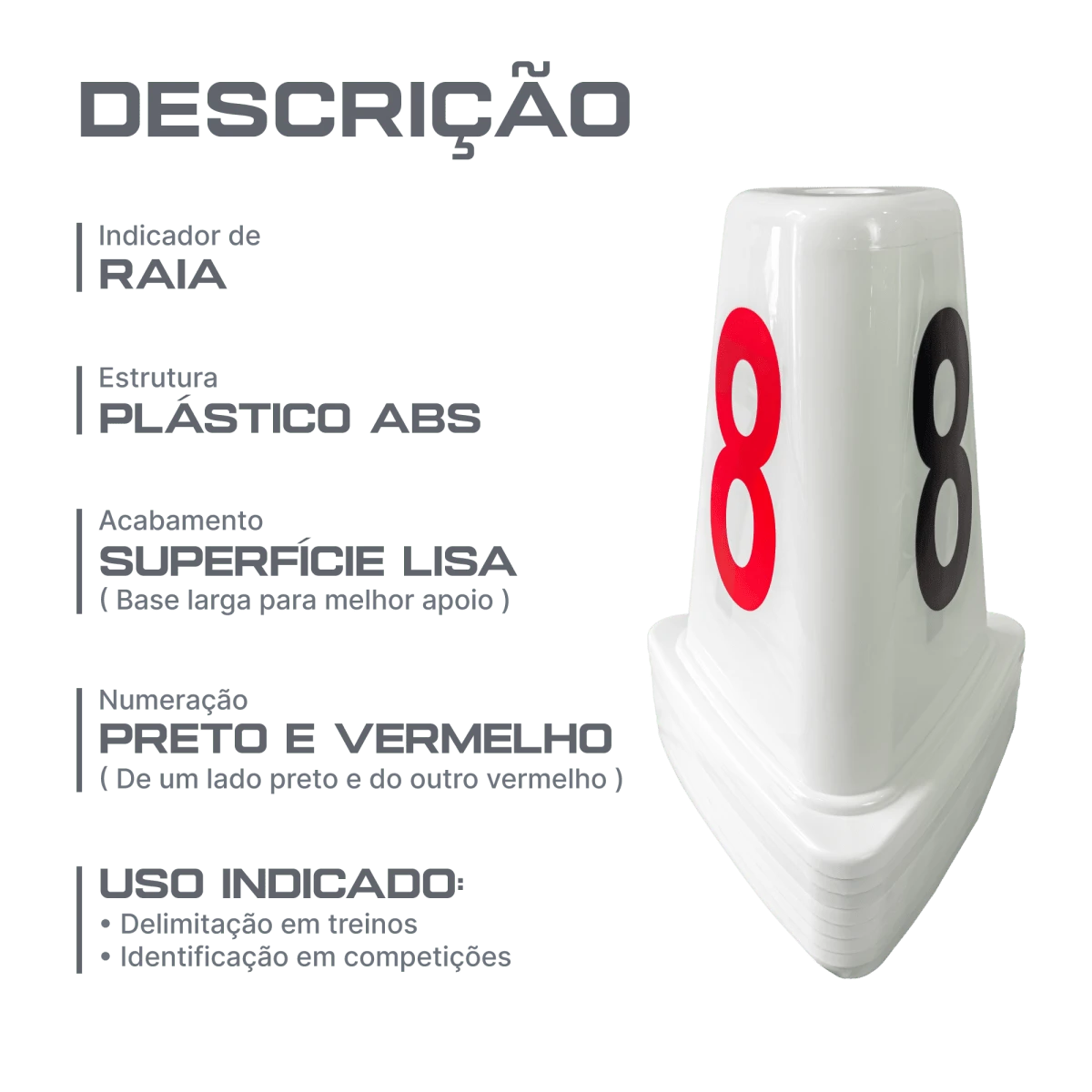 Indicador de raias de plástico ABS com 50cm Pista e Campo - cnj com 8 und (1-8)