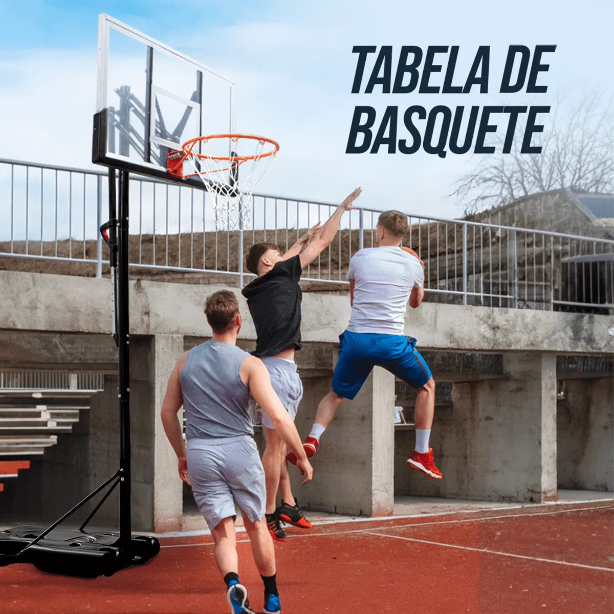Tabela de basquete adulto móvel com poste, quadro de acrílico e aro modelo premium Velden