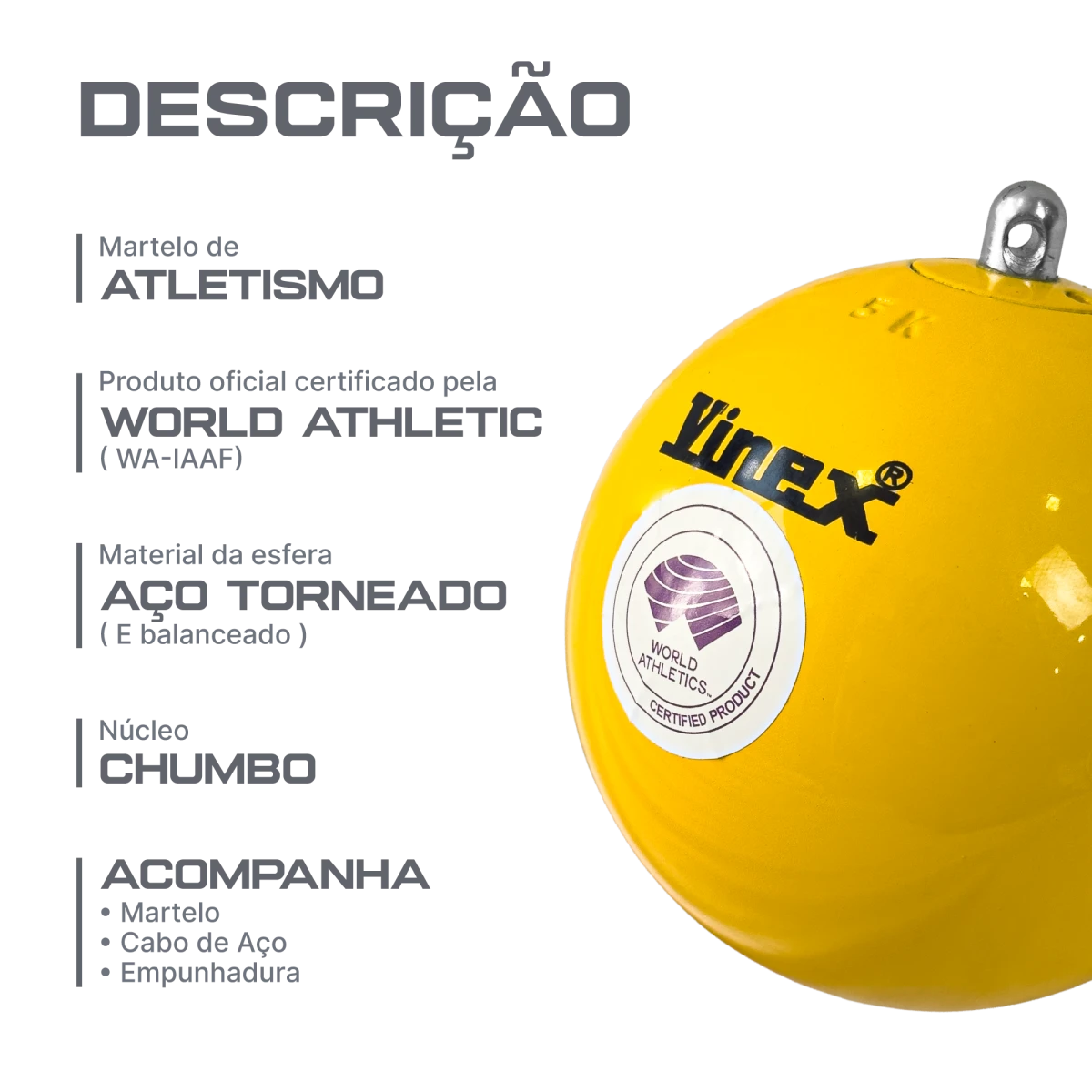 Martelo de atletismo de aço 5,00kg 110mm WA-IAAF Vinex - com cabo e empunhadura