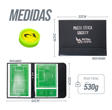 Prancheta tática magnética com caneta para treinamento de futebol society Pista e Campo - Modelo pasta preta