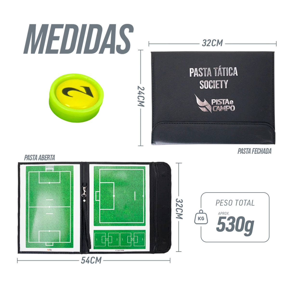 Prancheta tática magnética com caneta para treinamento de futebol society Pista e Campo - Modelo pasta preta
