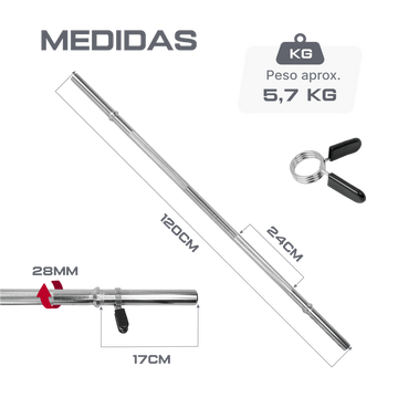 Barra Reta de Musculação Maciça 1,20m 28mm com Presilhas Envolst