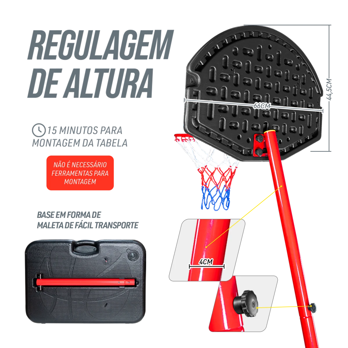 Tabela de basquete infantil móvel com poste, quadro plástico e aro Pista e Campo