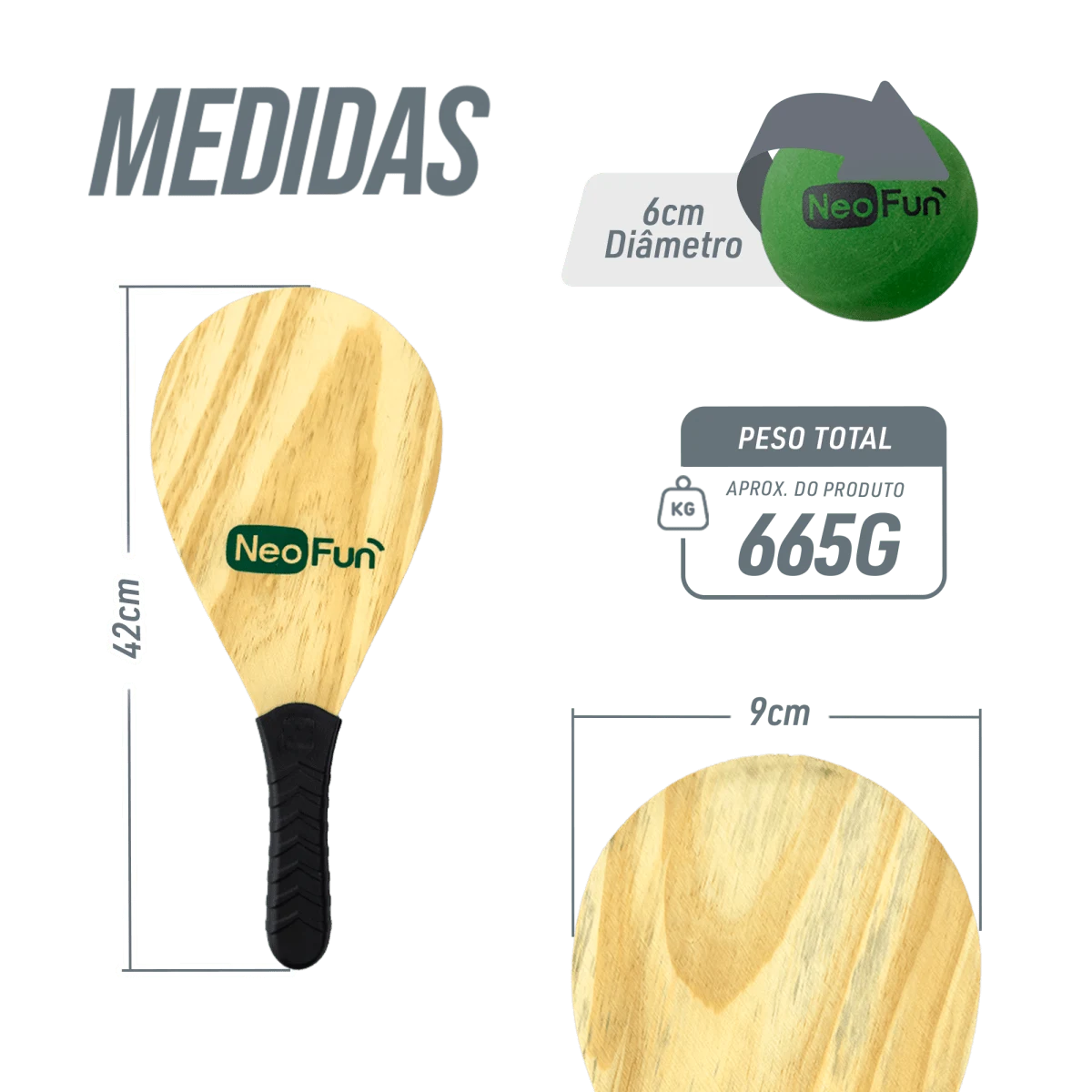 Raquetes de madeira com empunhadura para frescobol Neofun - par (acompanha bolinha)