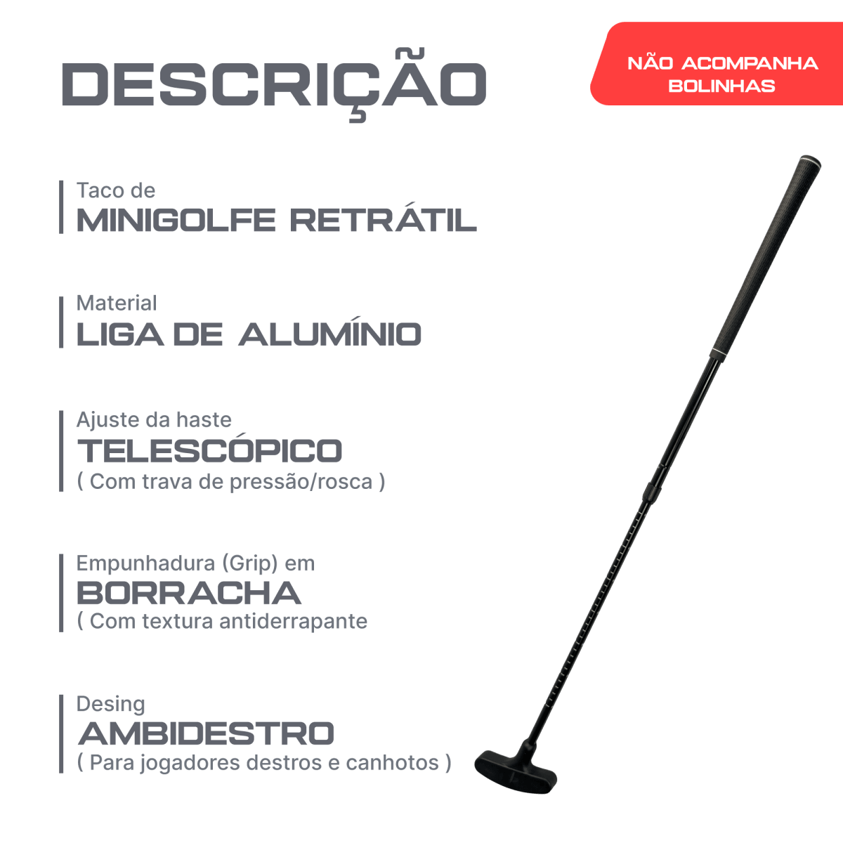 Taco de minigolfe retrátil 50 a 90cm em alumínio Neofun - Preto