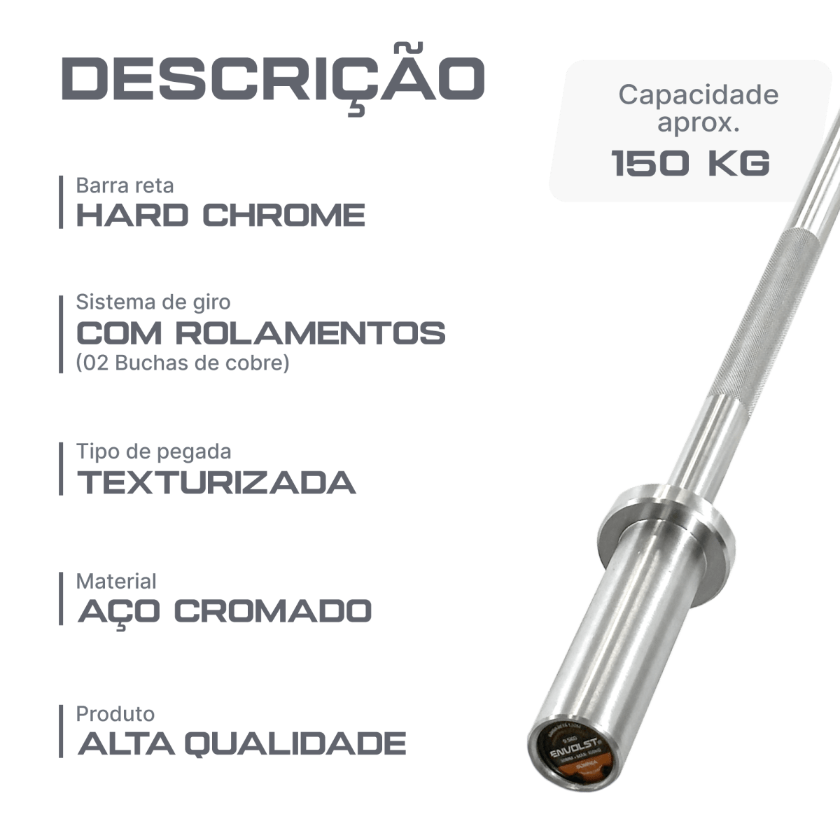 Barra Reta 1,20m Olimpica Hard Cromo Profissional Envolst