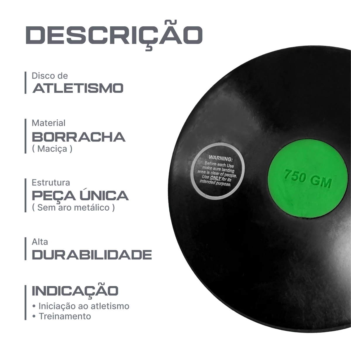 Disco de atletismo de borracha preto com centro colorido 0,75kg Pista e Campo