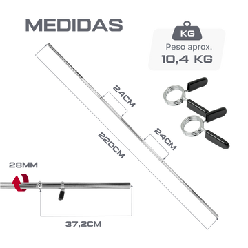 Barra Reta de Musculação Maciça 2,20m 28mm com Presilhas Envolst