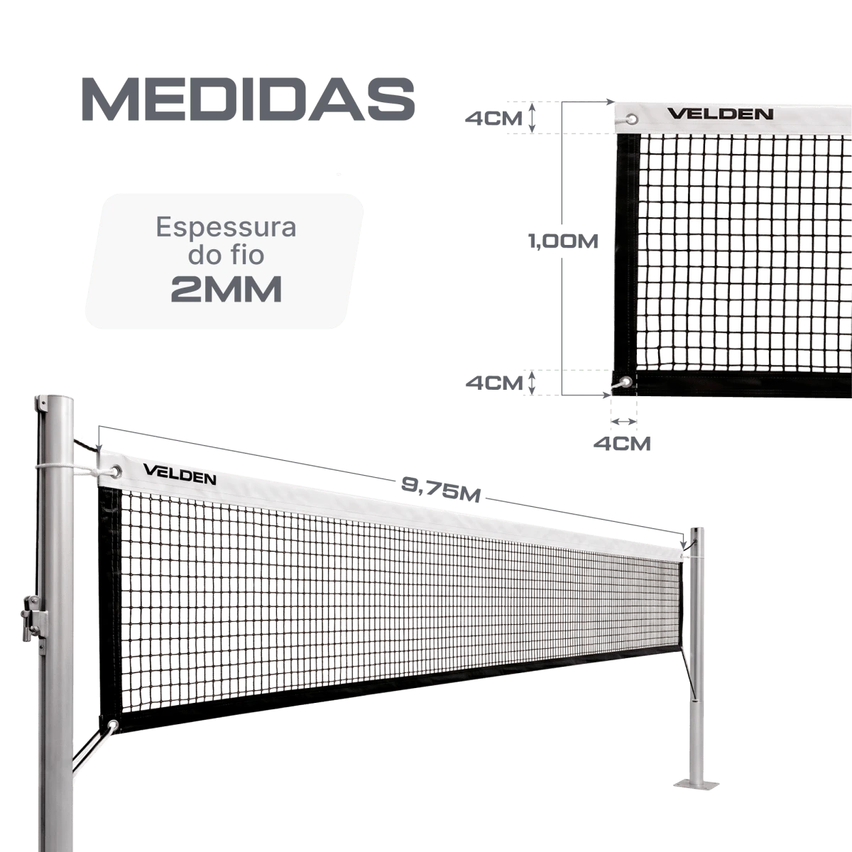 Rede oficial de voleibol com fio 2mm dimensões 9,75m (L) x 1,00m (A) com 04 faixas de vinil Velden