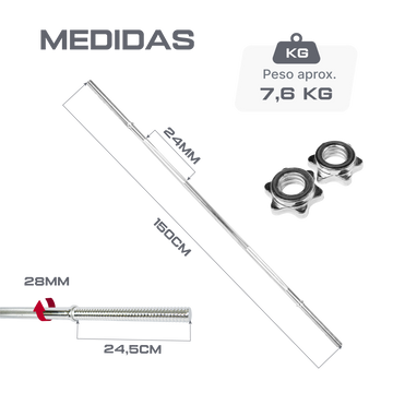 Barra Reta Maciça Roscada 1,50m 28mm com Presilhas Envolst