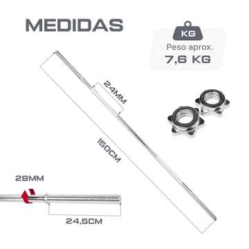 Barra Reta Maciça Roscada 1,50m 28mm com Presilhas Envolst
