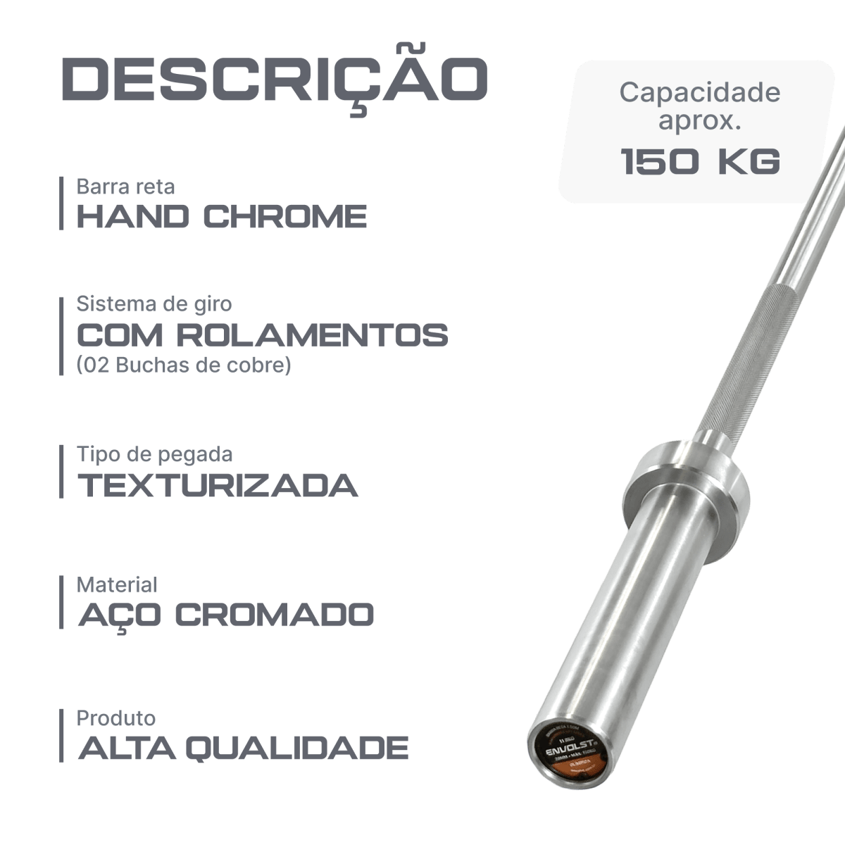 Barra Reta 1,50m Olimpica Hard Cromo Profissional Envolst