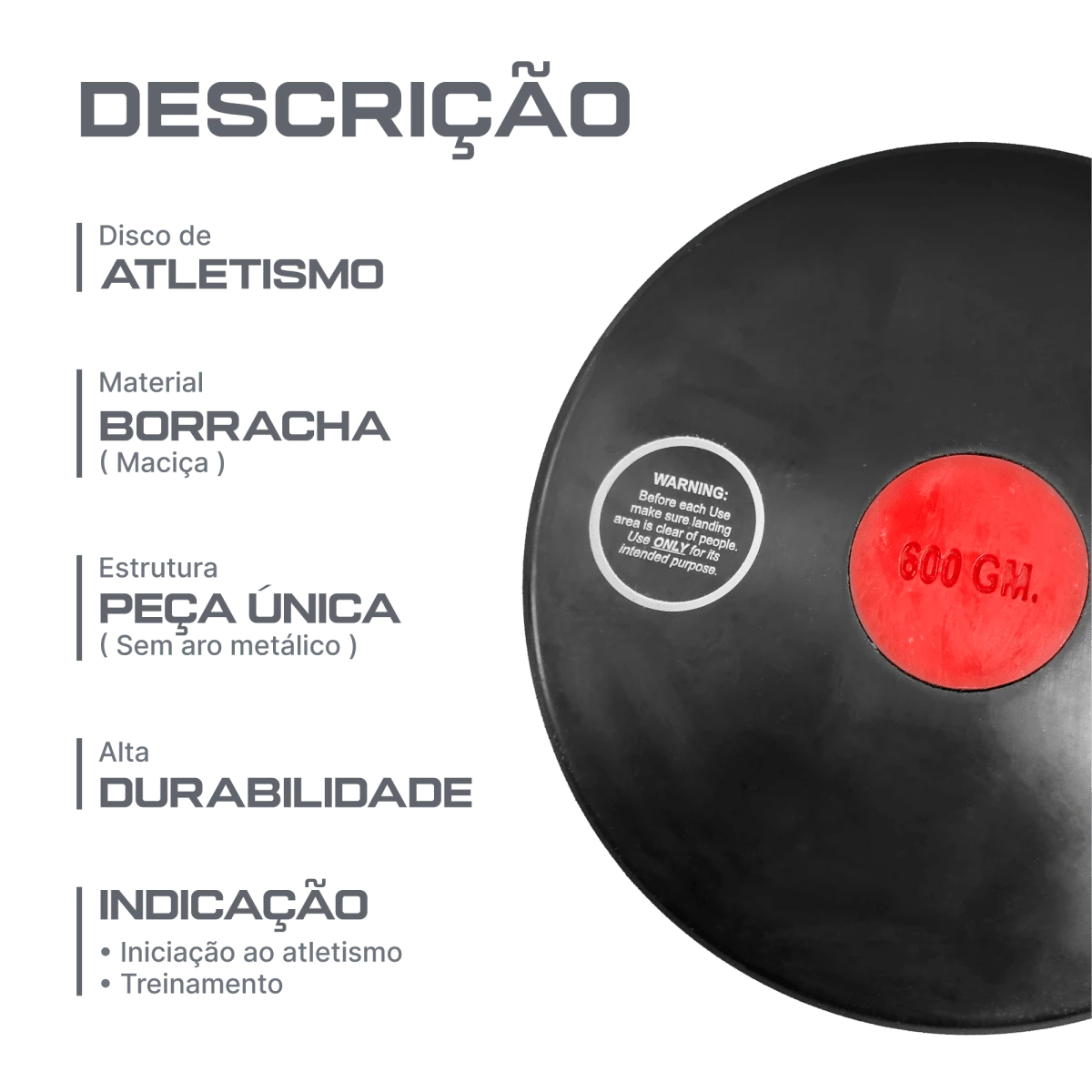 Disco de atletismo de borracha preto com centro colorido 0,60kg Pista e Campo