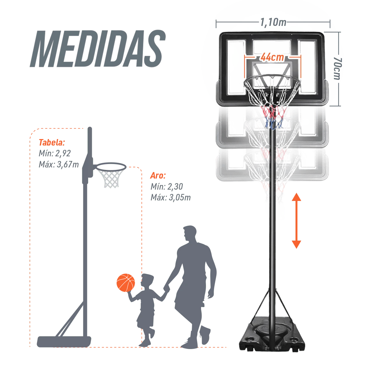 Tabela de basquete adulto móvel com poste, tabela de acrílico e aro Velden
