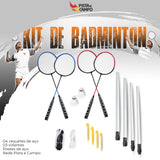 Kit de badminton com 04 raquetes de aço, 02 volantes, postes de aço e rede Pista e Campo