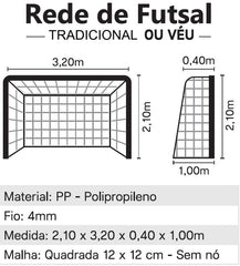 Rede oficial de futebol de salão (futsal) em polietileno malha quadrada sem nós Pista e Campo - Par