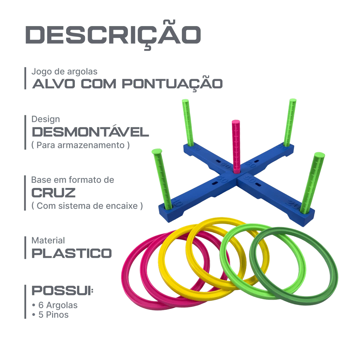 Jogo com seis argolas de plástico e alvo com pontuação