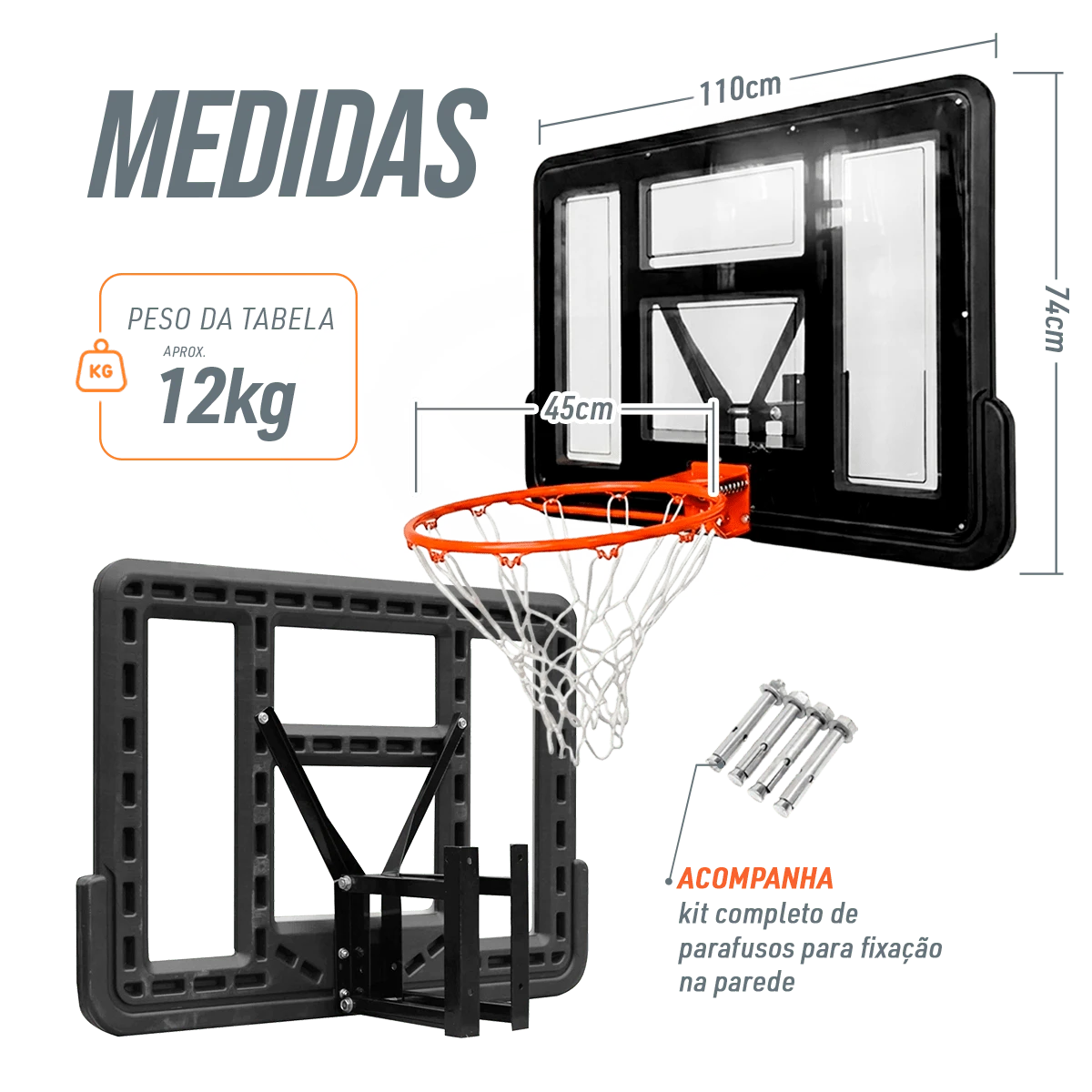Tabela de basquete de parede quadro transparente de 110x74cm com aro e rede Velden