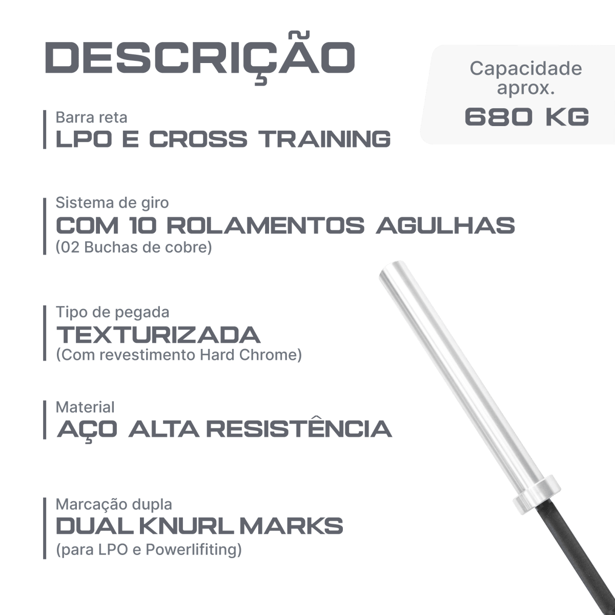 Barra Olímpica Crossfit LPO Masculina 20kg 2,20m Rolamentada Envolst