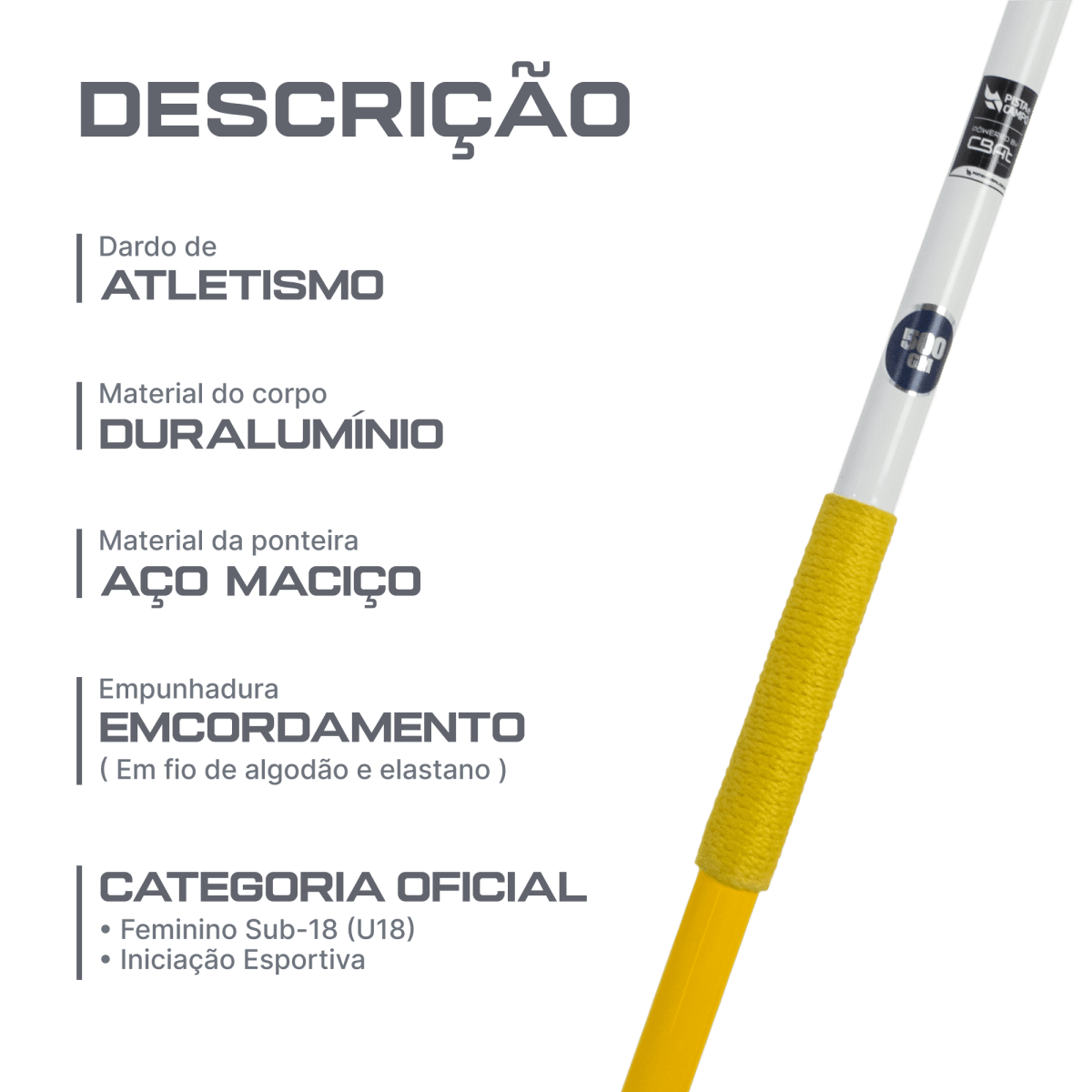 Dardo de atletismo de alumínio e aço 500g iniciante Pista e Campo - Powered by CBAt (JAL-C500)