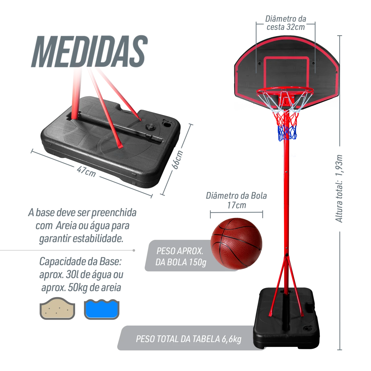 Tabela de basquete infantil móvel com poste, quadro plástico e aro Pista e Campo