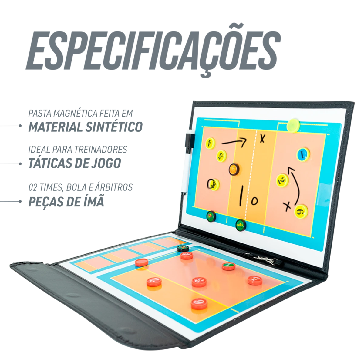 Prancheta tática magnética com caneta para treinamento de voleibol Pista e Campo - Modelo pasta preta