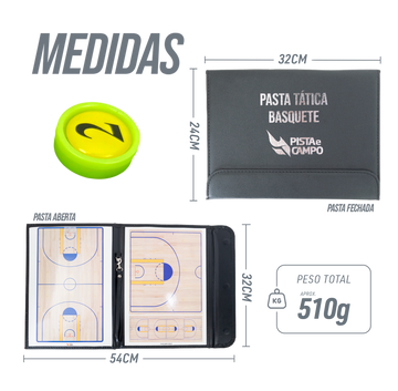 Prancheta tática magnética com caneta para treinamento de basquete Pista e Campo - Modelo pasta preta