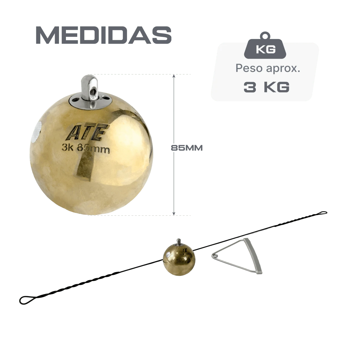 Martelo de bronze 3kg 85mm avançado ATE Anand Certificado WA-IAAF - com cabo e empunhadura
