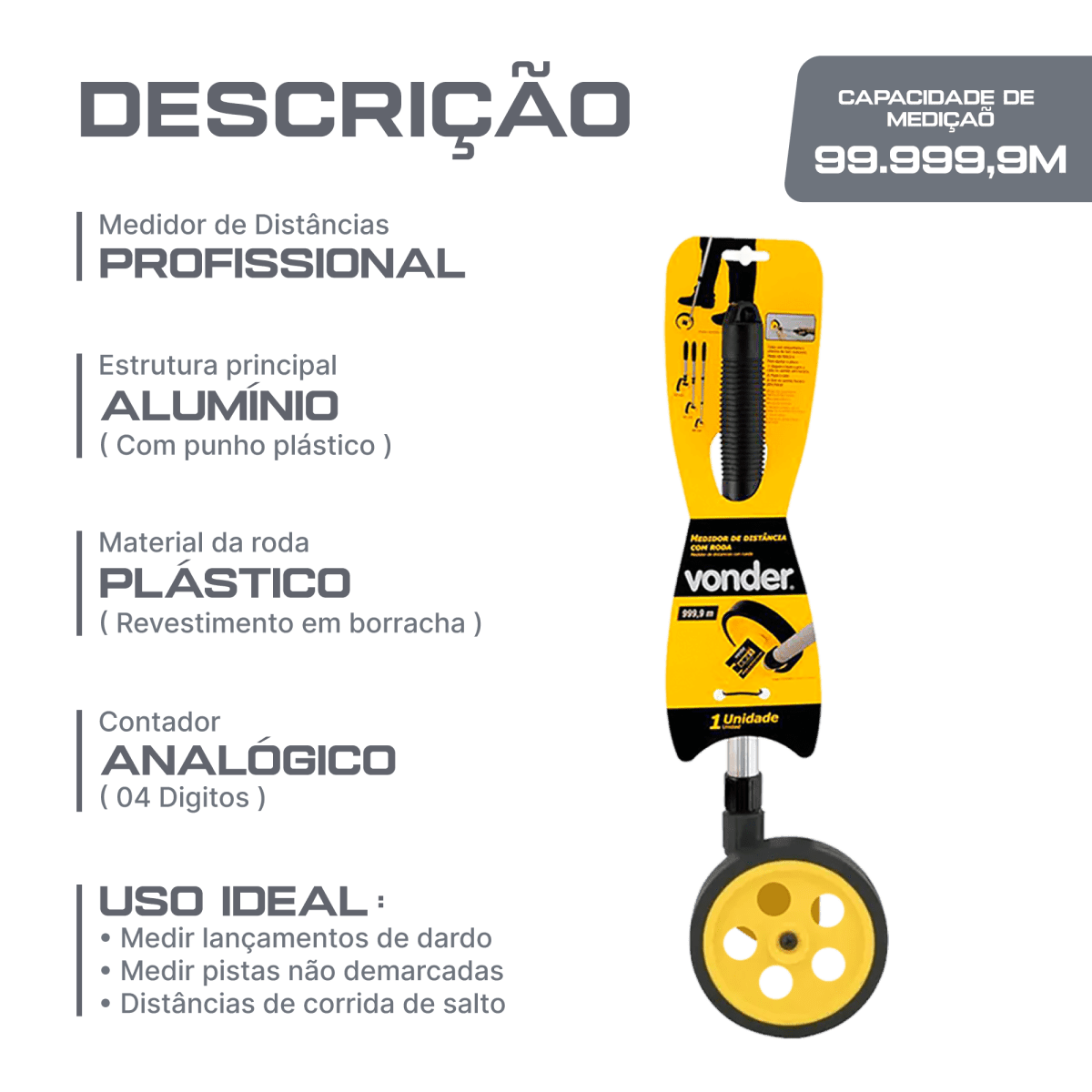Medidor de distâncias 4 dígitos (até 999m) com roda Vonder