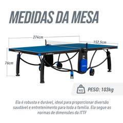 Mesa de tenis de mesa de aco e madeira azul rede e porta itens P8022