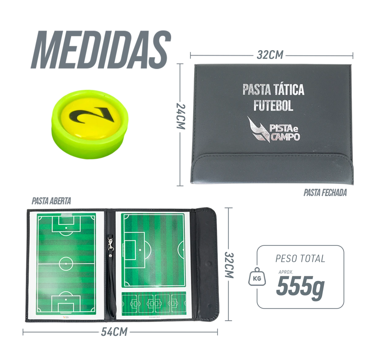 Prancheta tática magnética com caneta para treinamento de futebol Pista e Campo - Modelo pasta preta