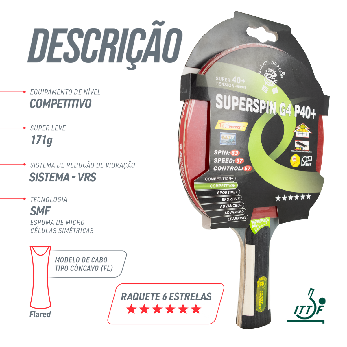 Raquete de Tênis de Mesa Superspin G4 6 Estrelas Giant Dragon