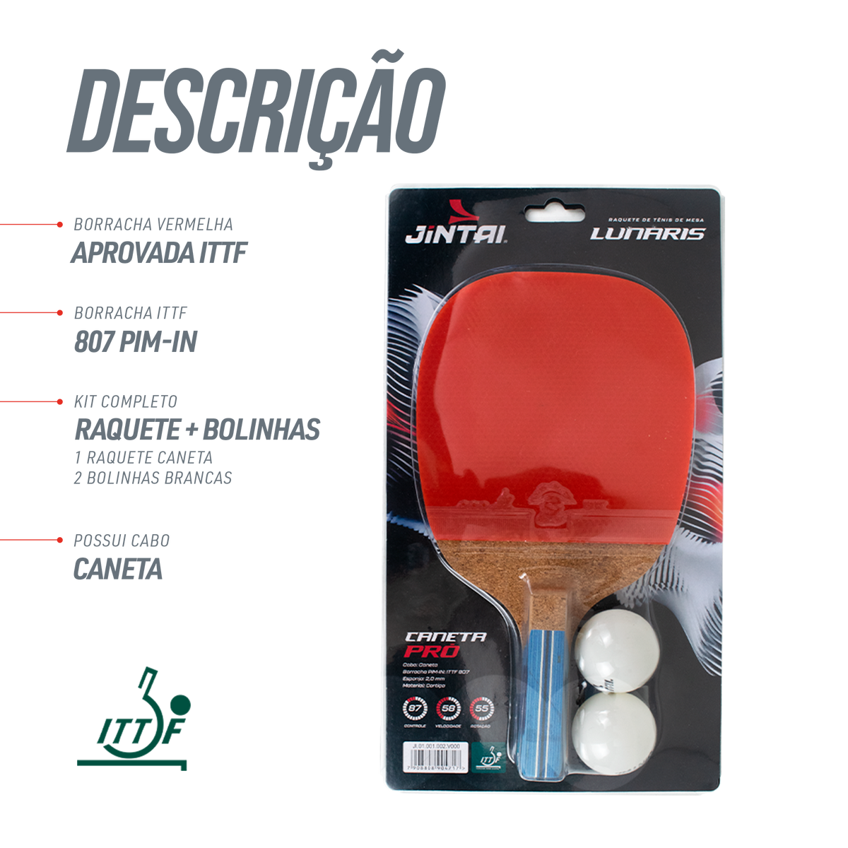 Raquete Tênis de Mesa Caneta Jintai Lunaris 3 Estrelas ITTF