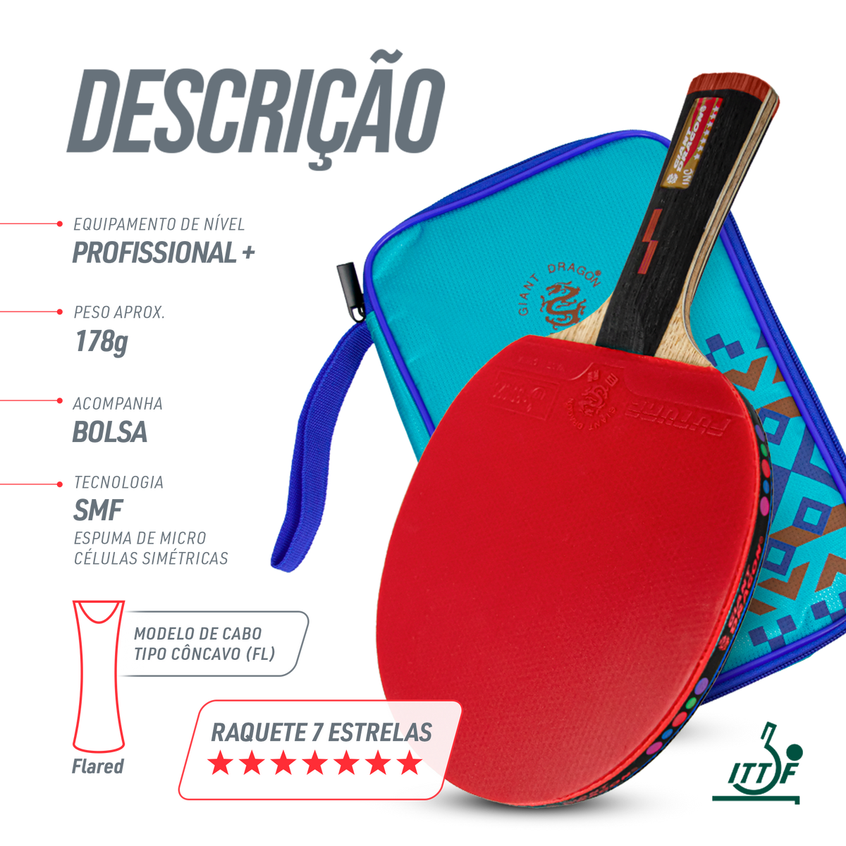 Kit Tênis de Mesa Giant Dragon Future 7 Estrelas Aprovada ITTF e Bolsa
