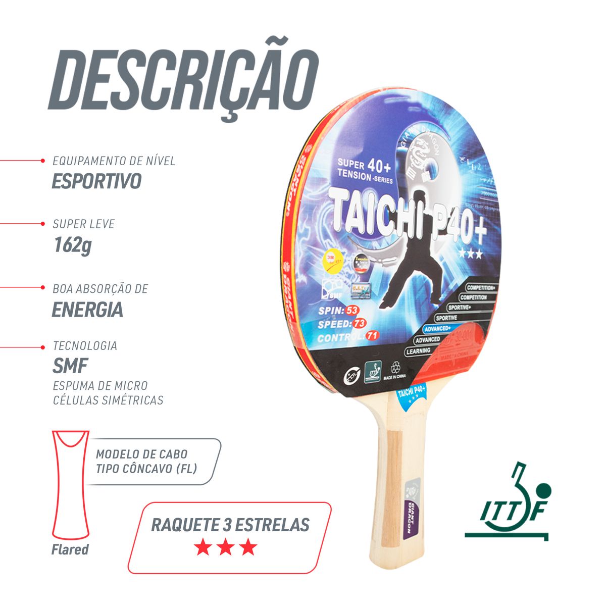 Raquete de Tênis de Mesa Giant Dragon Taichi 3 Estrelas ITTF